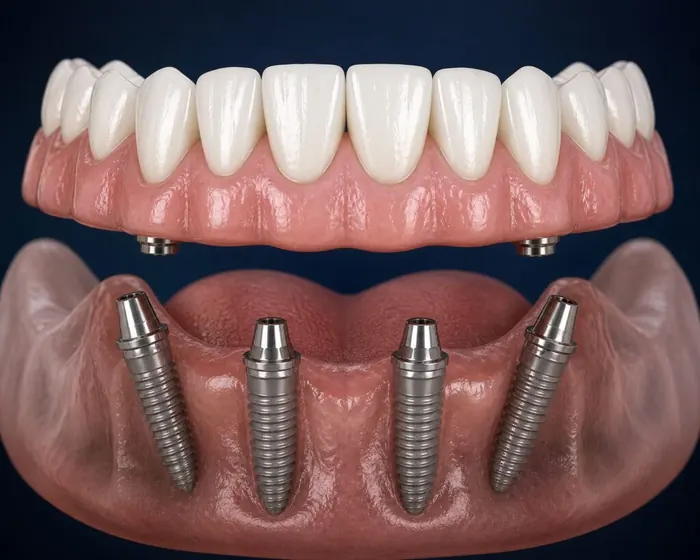Een vaste rij tanden die op vier implantaten in de kaak wordt gezet